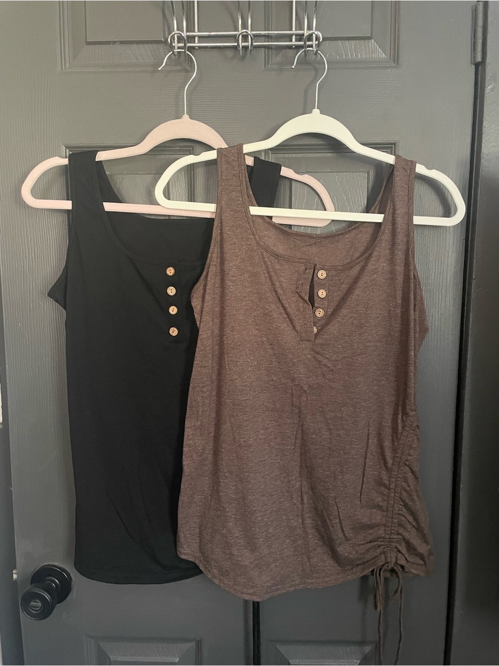 Women’s Tank Top with Button Henley Detail - Black and Brown